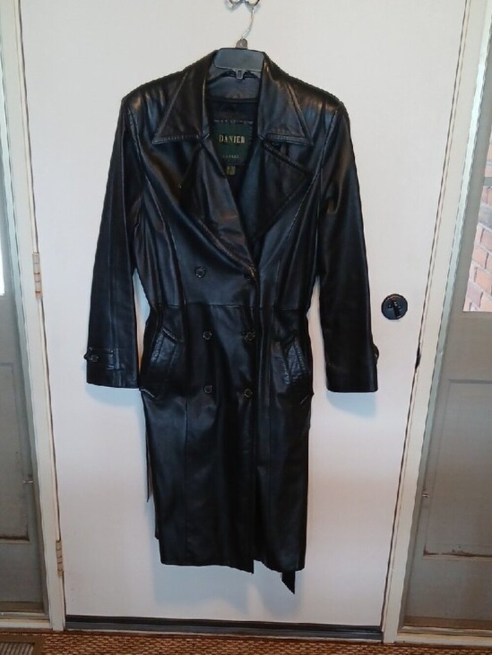Danier Black Leather Double Breasted Trench Coat With Satin Liner And Belt